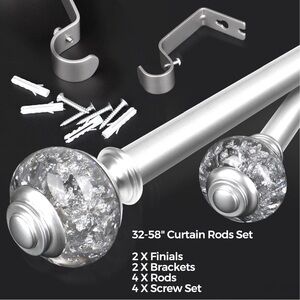 USFOOK ,Silver Decorative Drapery Rods 32-58”windows 20”-54”/Translucent Finials